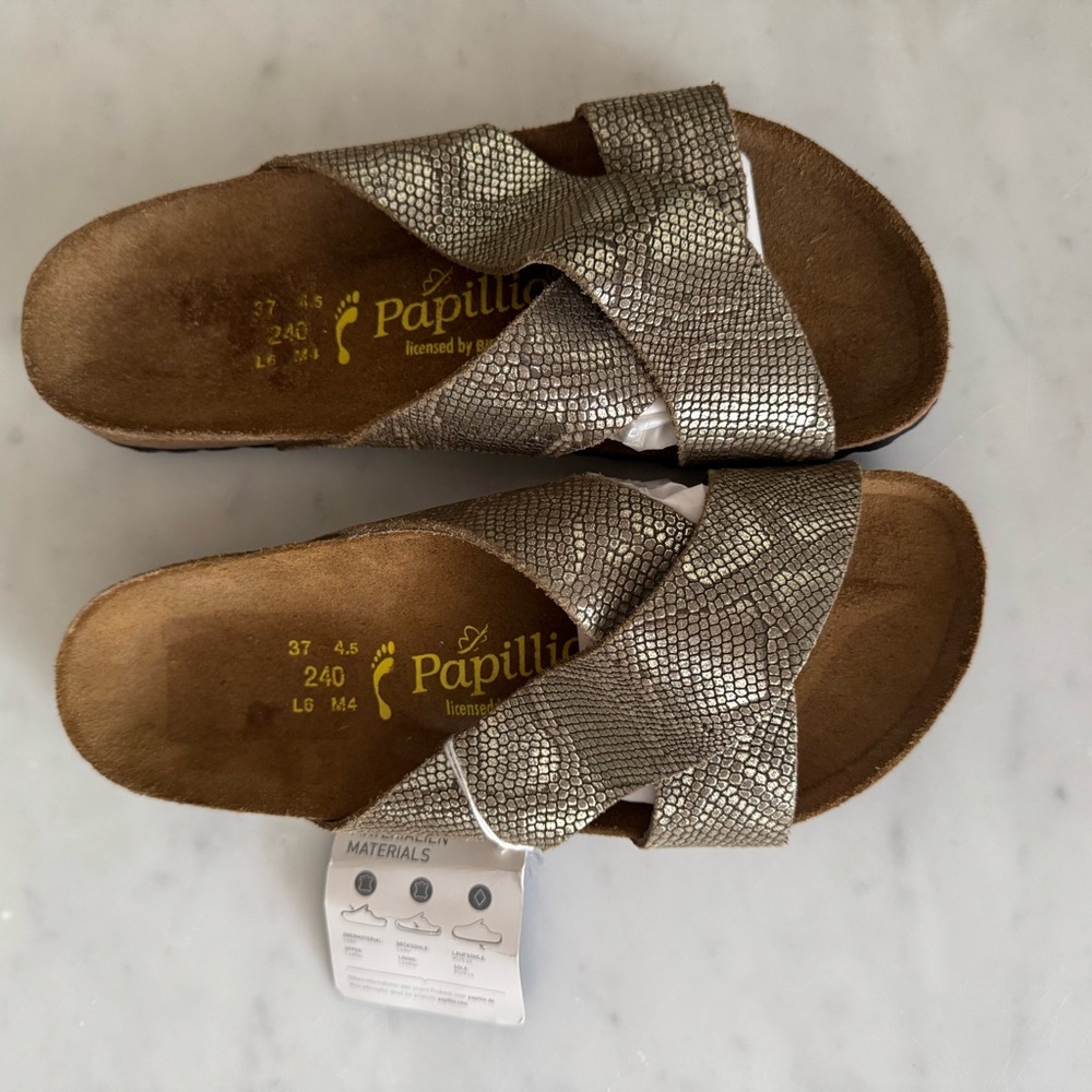 NWT Papillio x Birkenstock gold metallic leather Textured Slide Sandals